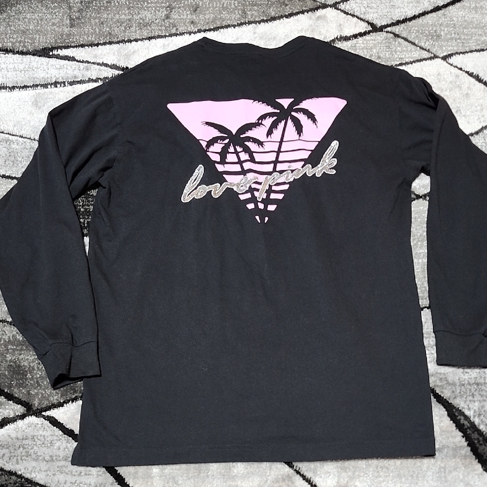 VS PINK 2020 BLACK CAMPUS CREW SEQUINS TROPICAL PALM TREE  GLITTER TEE-SHIRT